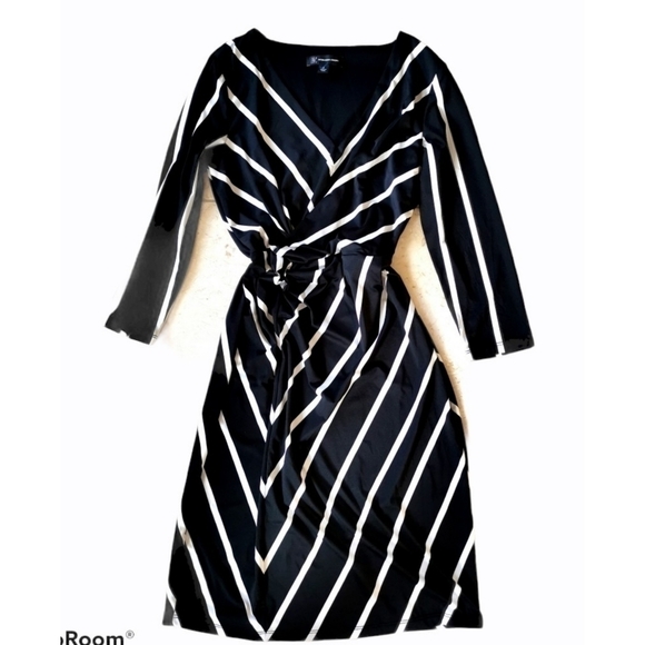 Inc black faux wraparound dress slimming black white dress  3/4 sleeve - Picture 3 of 12